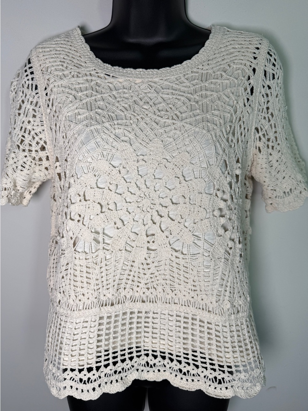 Design History Crochet Top Ivory Cotton Boho Short Sleeve Sz S